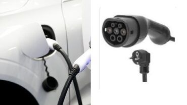 Närbild av elbilsladdning med laddkabel ansluten till ett vitt fordon, bredvid en bild av en laddkontakt. Nynäshamnsbostäder erbjuder möjligheten att uppgradera motorvärmaruttag till elbilsladdningsstationer för hyresgäster.