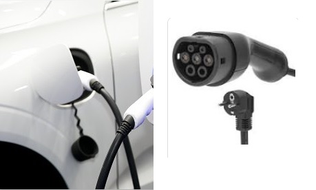 Närbild av elbilsladdning med laddkabel ansluten till ett vitt fordon, bredvid en bild av en laddkontakt. Nynäshamnsbostäder erbjuder möjligheten att uppgradera motorvärmaruttag till elbilsladdningsstationer för hyresgäster.